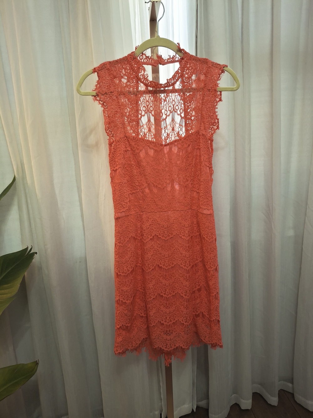 Free People Coral Lace Mini Dress with High Neck